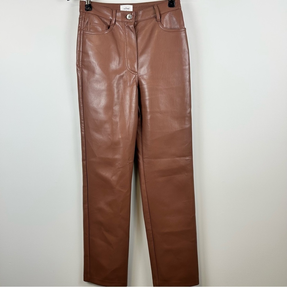 Wilfred Melina Faux Leather Pants Brown Size 0 High Rise Straight Leg Aritzia